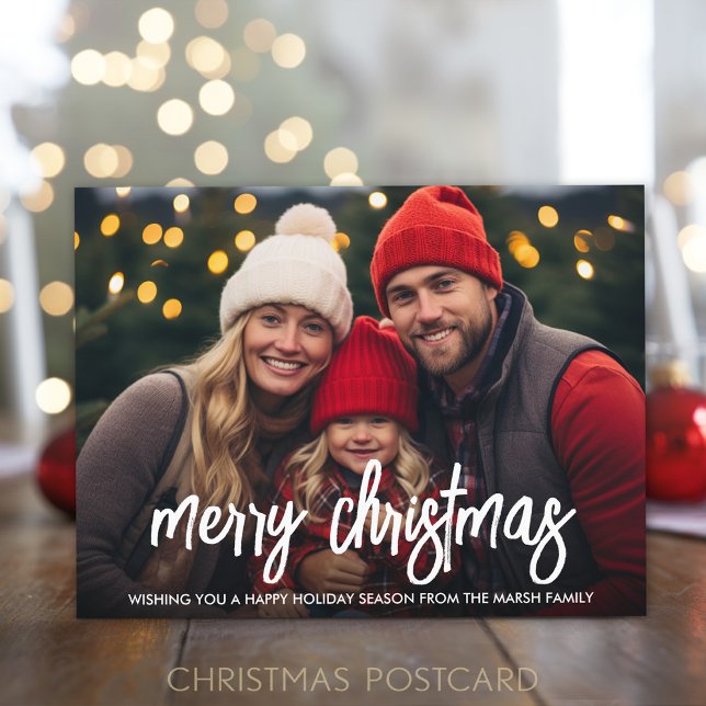 Simple Photo with white Merry Christmas Script Holiday Postcard (Christmas Postcard with 1 large photo and a modern design on the front in a bounce script)