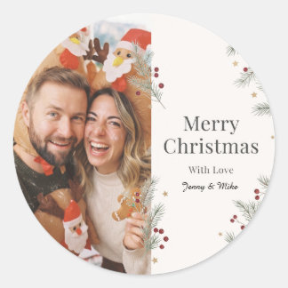 Simple Pine Branch Merry Christmas Photo Design Classic Round Sticker