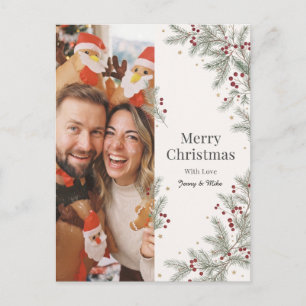 Simple Pine Branch Merry Christmas Photo Design Holiday Postcard