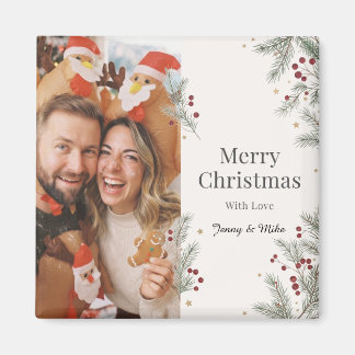 Simple Pine Branch Merry Christmas Photo Design Magnet