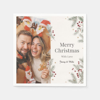 Simple Pine Branch Merry Christmas Photo Design Napkin