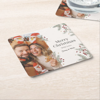 Simple Pine Branch Merry Christmas Photo Design Square Paper Coaster
