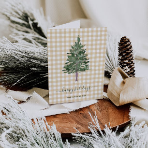 Simple Pine   Christmas Tree on Neutral Gingham Holiday Card