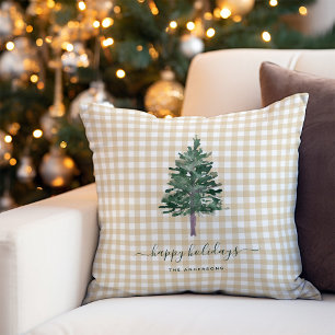 Simple Pine   Christmas Tree on Neutral Gingham Throw Pillow