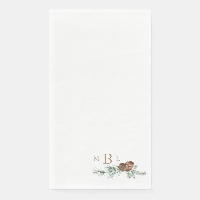 Simple Pine Cone Foliage Gold Monogram Holiday Napkin (Front)