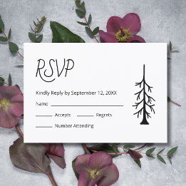 Simple Pine Tree Casual Black White Wedding RSVP Card