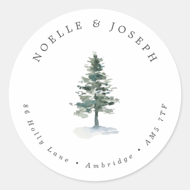 Simple Pine Tree Wedding Return Address Classic Round Sticker (Front)