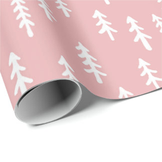 Simple Pine Tree Winter Forest in White On Pink Wrapping Paper