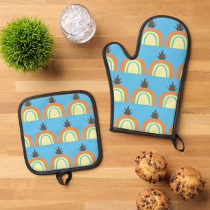 Simple Pineapple Rainbow Fruit Pattern Blue Oven Mitt & Pot Holder Set