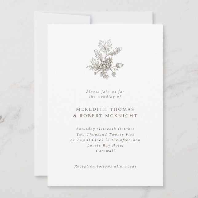 Simple Pinecone & Acorns Fall Wedding Invitation (Front)