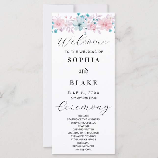 Simple Pink and Blue Floral Wedding Program (Front)