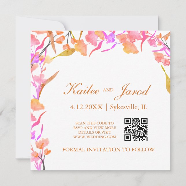 Simple Pink and Orange Wildflower QR Code  Save The Date (Front)