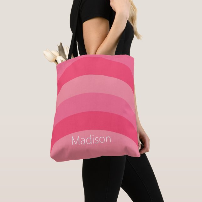 Simple Pink and White Curved Stripes with Name Tote Bag (Close Up)
