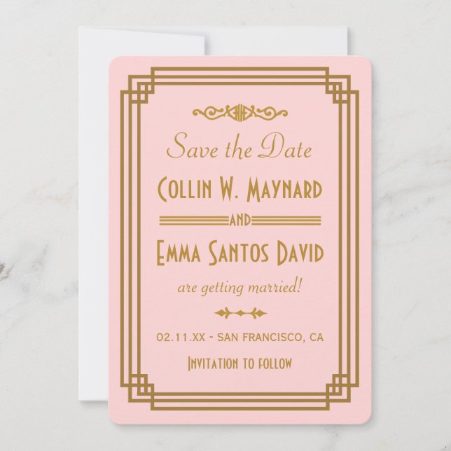 Simple Pink Art Deco Save The Date Invites (Front)