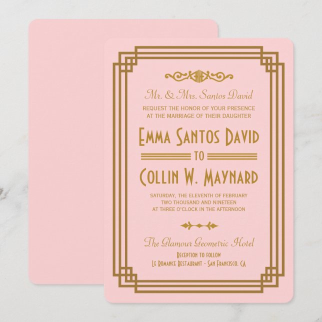 Simple Pink Art Deco Wedding Invitations (Front/Back)