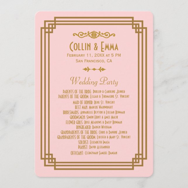 Simple Pink Art Deco Wedding Programs (Front)