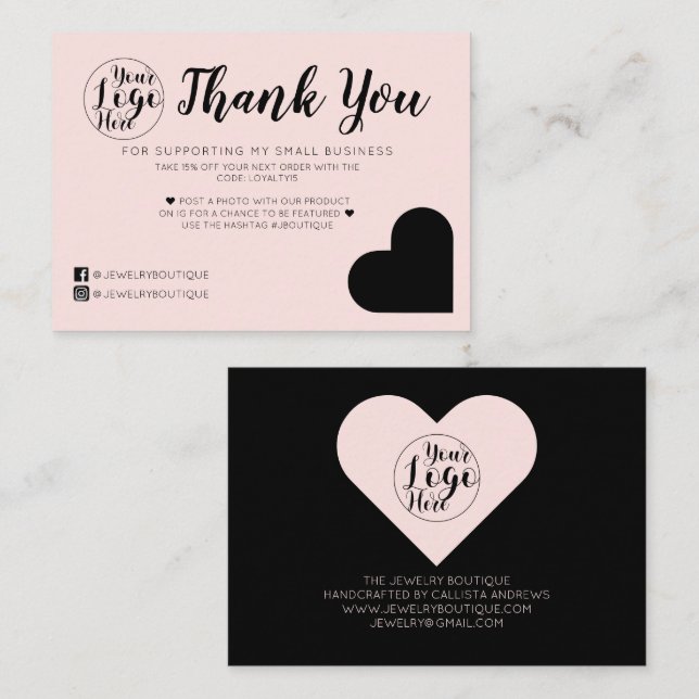 Simple Pink Black Heart Logo Customer Thank You Business Card (Front/Back)