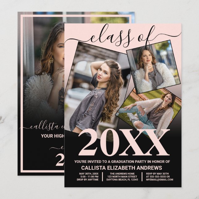 Simple Pink Black Ombre Graduation Photo Collage Invitation (Front/Back)