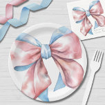 Simple Pink Blue Bow Gender Reveal Paper Plate<br><div class="desc">A charming paper party plate design featuring large watercolor pink and blue bows in the centre. This simple, minimal, and elegant design is perfect for a gender reveal party, with the bows symbolizing the excitement of discovering whether it’s a boy or girl. The soft bows add a stylish and playful...</div>