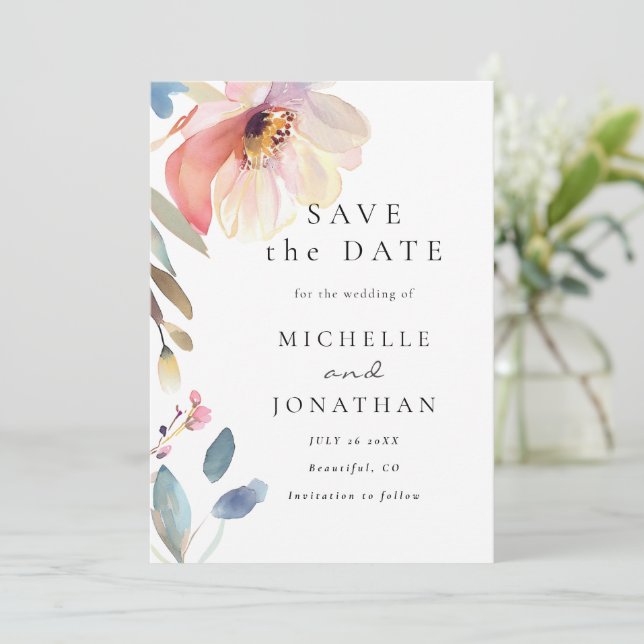 Simple Pink Blush Flower Modern Christian Wedding Save The Date (Standing Front)
