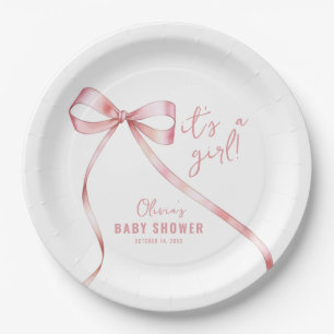 Simple Pink Bow Girl Baby Shower Paper Plate