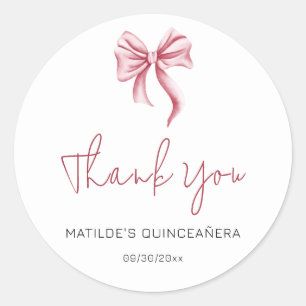 Simple Pink Bow Script Quinceanera Thank You Classic Round Sticker
