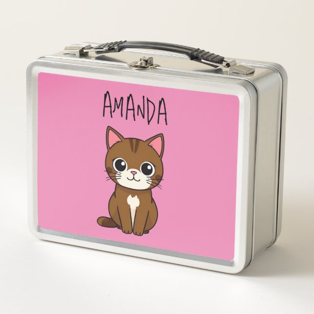 Simple Pink & Brown Cat Kids Name Metal Lunch Box (Front)
