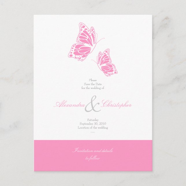 Simple Pink Butterflies Save The Date Wedding Announcement Postcard (Front)