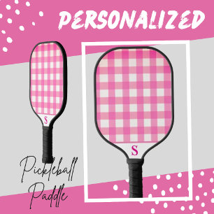 Simple Pink Chequered Gingham Personalized  Pickleball Paddle