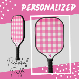 Simple Pink Chequered Gingham Personalized Pickleball Paddle