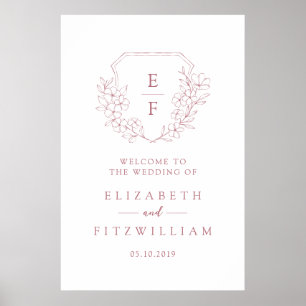 Simple Pink Cherry Blossom Monogram Crest Welcome Poster