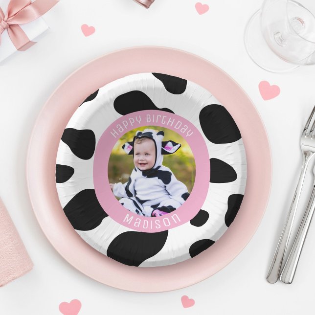 Simple Pink Cow Print Farm Girl Birthday Photo Paper Plate (Creator Uploaded)