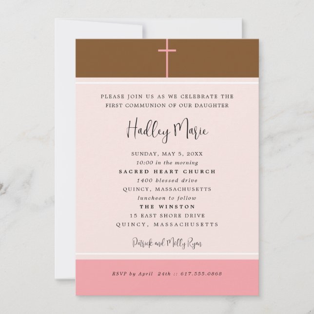 Simple Pink Cross First Holy Communion Invitation (Front)