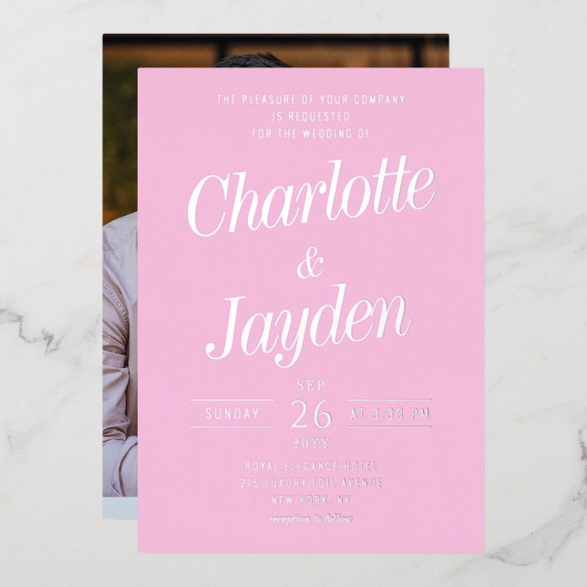 Simple Pink Elegant Foil Script Photo Wedding (Front/Back)