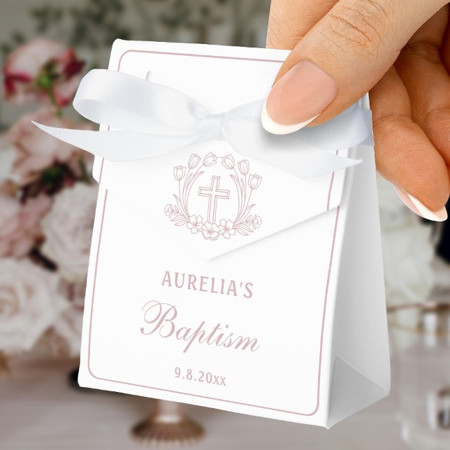 Simple Pink Floral Cross Baptism Small Tent Favor Box (Creator Uploaded)