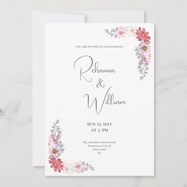 simple pink Floral frame watercolor wedding card (Front)