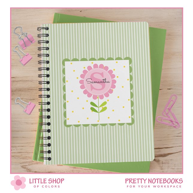 Simple Pink Flower Green Stripes Monogrammed Notebook (Creator Uploaded)