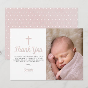 Simple Pink Girl Baptism Christening Photo Thank You Card