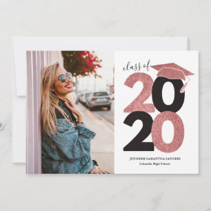 Simple Pink Glitter Girly Cap Photo Graduation Announcement