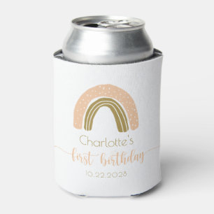 Simple Pink Gold Boho Rainbow First Birthday Can Cooler