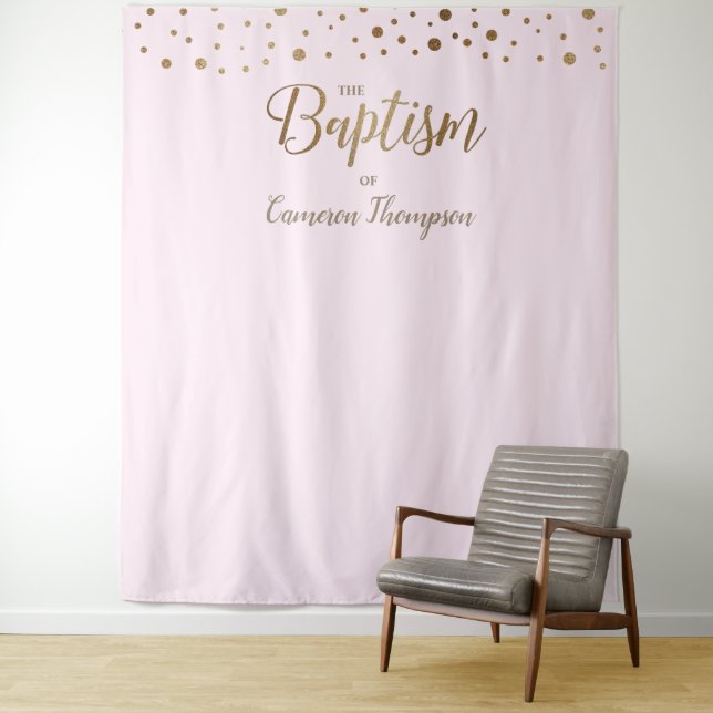 Simple Pink Gold Confetti Baptism Backdrop Tapestry (In Situ)