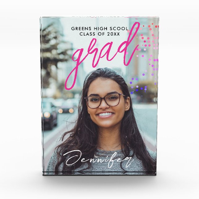 Simple Pink Grad Class Of Handwritten Typo Photo Block (Front)