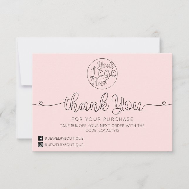 Simple Pink Handwritten Hearts Customer Business Thank You Card (Front)