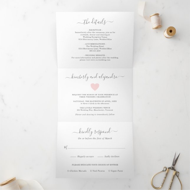 Simple Pink Heart Modern Wedding Tri-Fold Invitation (Inside)