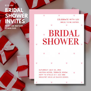 Simple Pink Love Heart Bridal Shower Invitation