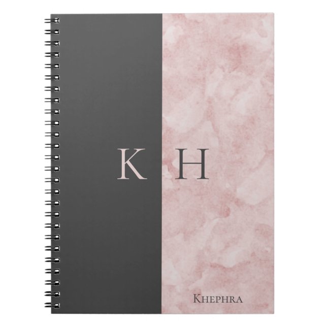 Simple Pink Marble And Black Accent Monogram Notebook (Front)