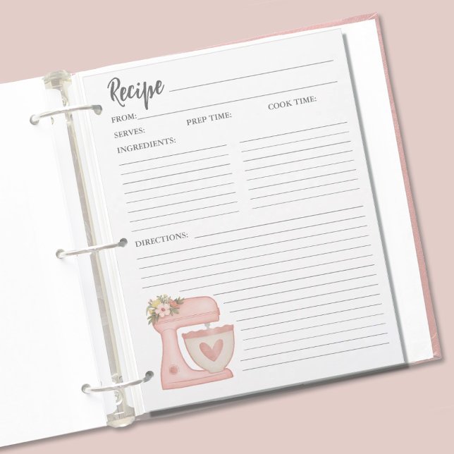 Simple Pink Mixer Floral Cake Bakery Recipe Card (Cute pink mixer recipe pages that coordinate with the pink mixer recipe binder.)