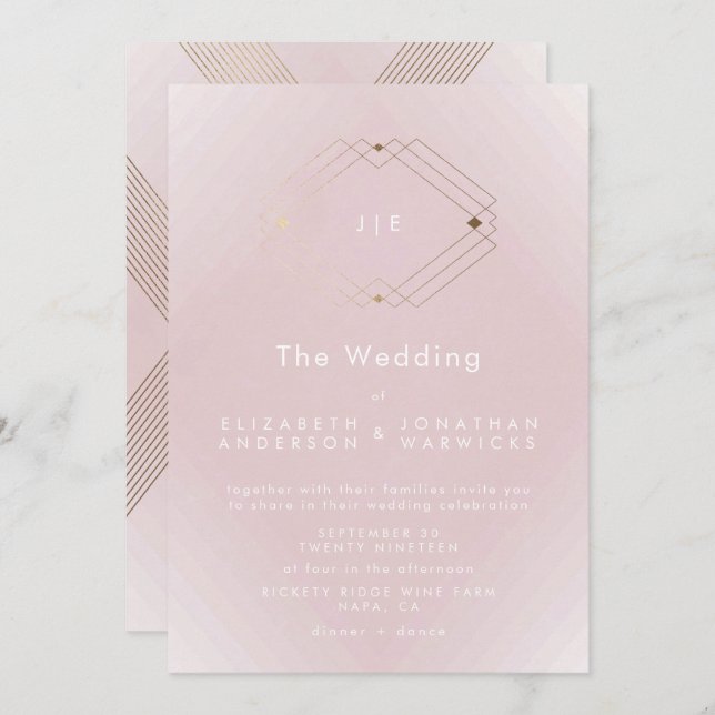 Simple Pink Modern Geometric Gold Wedding Invitation (Front/Back)