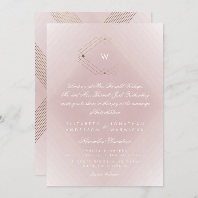 Simple Pink Modern Monogram Script Gold Invitation (Front/Back)