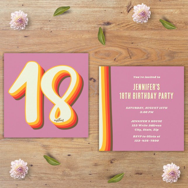 Simple Pink Modern Retro Groovy 18th Birthday Invitation (Front and Back)